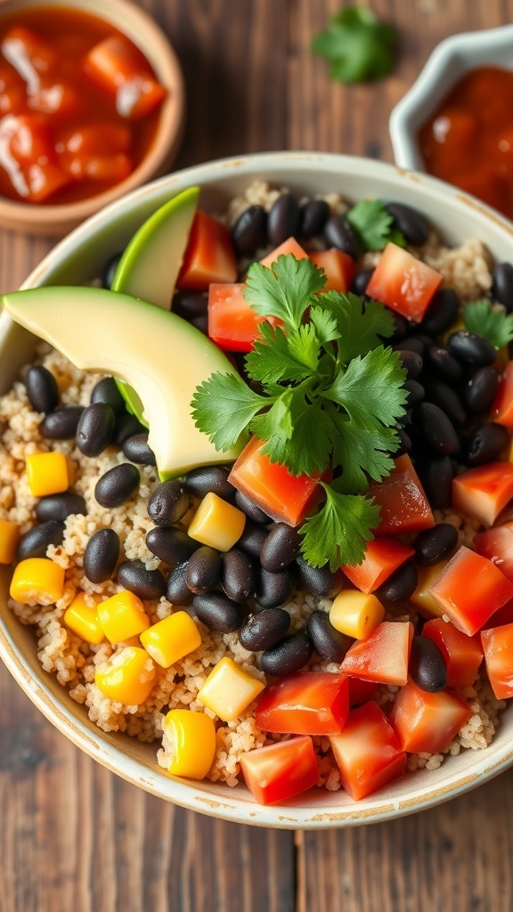 A colorful quinoa taco bowl with black beans, corn, tomatoes, and avocado, garnished with cilantro, on a rustic table.